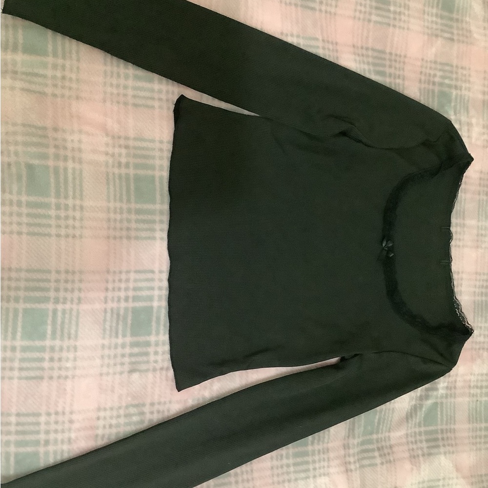Black Long Sleeve Top Cropped With Bow Lace Trim Coquette